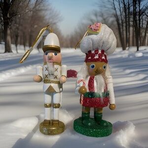 Handcrafted Wooden Nutcracker Ornaments Set of 2 Glittery Christmas NWT Gift